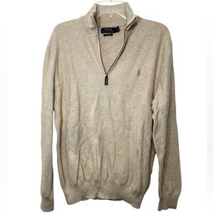 Polo Ralph Lauren mens pullover sweater brown large Pima cotton 1/4 zip pony tan